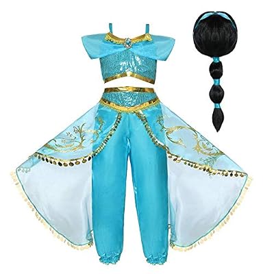 COOPER FUN Jasmine Costume for Girls Arabian Sequined Princess Dress Up Princess Jasmine Cosplay Costumes for Kids