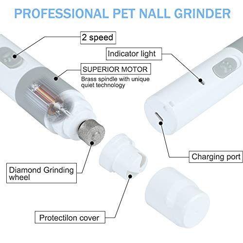 Rusee Quiet Dog Nail Grinder,Electric Noise Free Pet Nail Grinder,Grooming Nail Clippers Trimmer for Large Small Medium Dogs with 2 Diamond Grinding Wheel