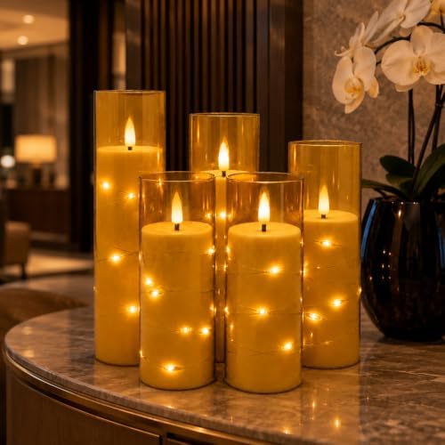 5 Candele LED Champagne con Luci Fatate Avvolgenti, Copertura Vetro Trasparente, Fiamma Tremolante Realistica, Resistenti al Caldo, 1 Telecomando per Decorazioni Interno ed Esterno