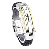 Jusnova Mens Braided Leather Bracelet Stainless Steel Cross Cuff Bangle Silver Tone