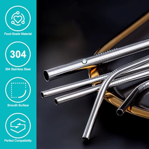 T Tersely 13pcs Reusable 304 Stainless Steel Straws- Various Metal Straws with 4 Straight 5 Bent 2 Boba Straws 2 Cleaning Brushes - Eco Friendly Drinking Straws (Silver)