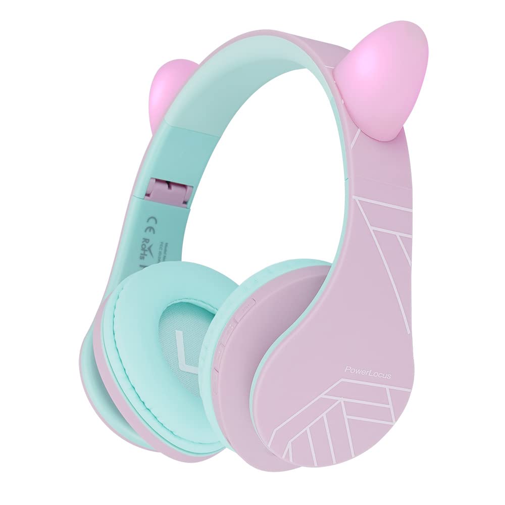 PowerLocus P2 Kids Headphones Wireless, Bluetooth Headphones for Kids Over Ear with Volume Limit 85DB, Cat Ear LED Light Up, Built-in Microphone, Foldable, Micro SD/TF for iPhone/iPad/Laptop/PC/TV