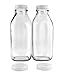 Quart-Size Glass Milk Bottles (2-Pack); 32-Ounce Clear Glass Square Vintage Style Jug Great for Storing Milk, Juice & Water in Fridge, Includes 2 Extra Lids