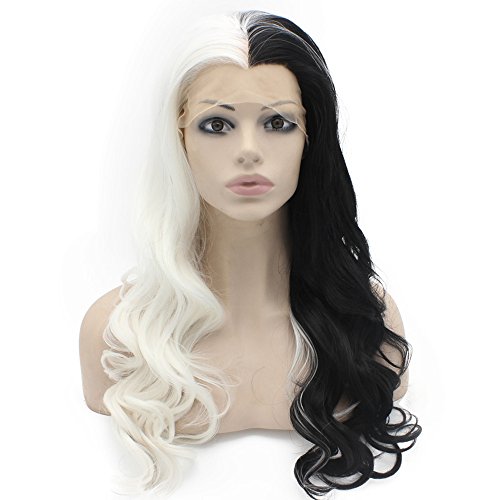 Mxangel 24inch Wavy Half Black White Two Tone Costume Party Wig