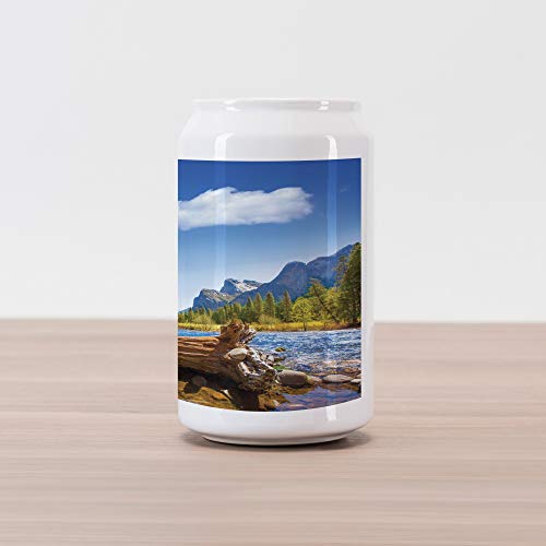 Ambesonne Yosemite Cola Can Shape Piggy Bank, Yosemite Merced River El Capitan Half Dome in California National Park Waterscape, Ceramic Cola Shaped Coin Box Money Bank for Cash Saving, Green Blue