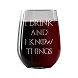 I Drink and I Know Things - Wine Glass, Stemless - 17oz - Engraved- Inspired by Game of Thrones- Drinkware - Novelty gift glasses for Men and Women - Made in USA. Includes free Wine Food Pairing Card