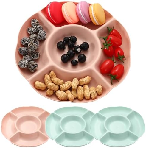 SacJkt Serving Platter, Snack Tray with 5 Compartments, Pack of 4 Serving Tray, Serving Platters for Parties, Plastic Snack Plate for Fruit, Candy, Nuts, Desserts (Pink+Green)