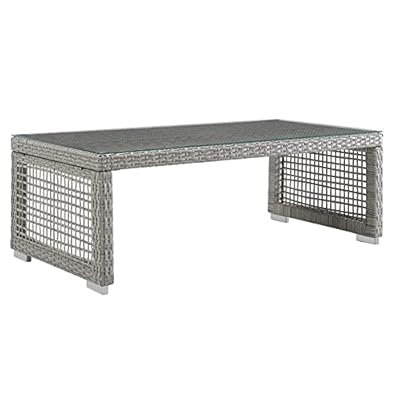 Modway Aura Wicker Rattan Outdoor Patio Tempered Glass Coffee Table in Gray 417wY7wCpSS