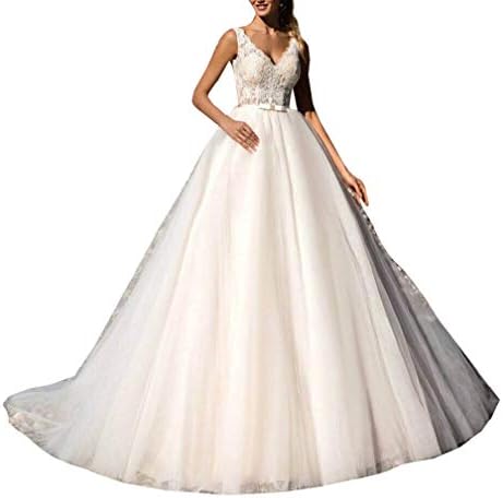 LanBen New 2019 A Line V Neck Applique Lace Empire Wedding Dresses for Bride Women Guests Plus Size
