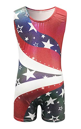 Kids4ever Toddler Gymnastics Leotards Star Stripes Splicing Biketards for Girls Sparkly Unitard with Shorts 6T 7 T