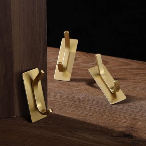 AMROAH 4pcs Stainless Steel Adhesive Hooks Wall Mounted, Heavy Duty Storage Wall Mount Hooks for Hanging Coat Clothes Towels Hat Bags for Home Entryway Bathroom Bedroom Kitchen Living Room (Gold)