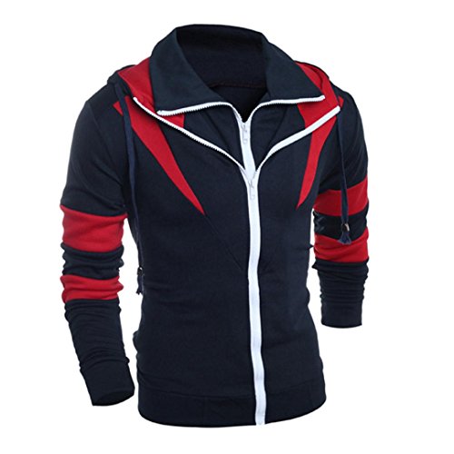 Men Coat Among Color Double Zipper Hooded Cardigan Sweater Tops Jacket Outwear (L, Navy)