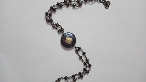 KIRANBEADS - Vermeil Pave Diamond Floral Charm Over Freshwater Pearl Coin - Black Pyrite Beaded Chain Oxidized 925 Sterling Silver Wire & Lobster Lock