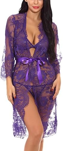 XYlove Women's Sexy Lace Long Robe Lingerie Set(4 Pieces)