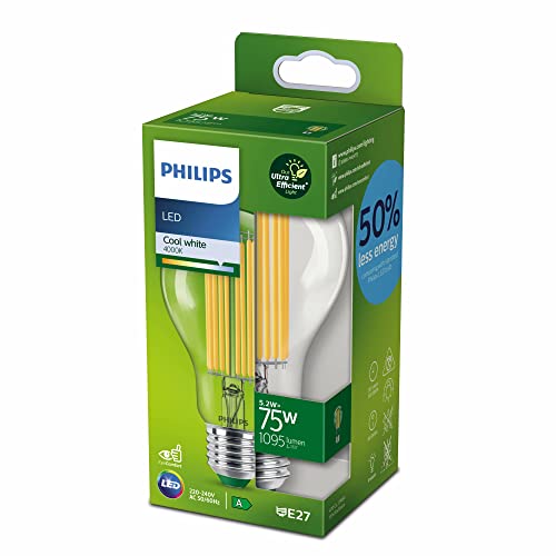 Philips LED Ultra Efficient Light Bulb A Label Energy Rating [Cool White 4000K - E27 Edison Screw] 75W, A70 Clear. for Indoor Home Lighting.