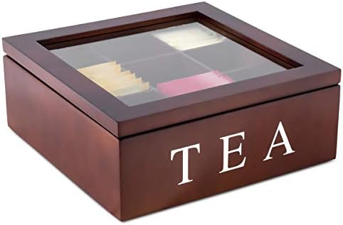 Tanchen Tea Bag Stores Wooden Tea Box 9 Compartments Hinged Glass Lid Tea Organizer