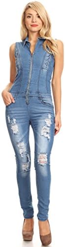 Buzz Jeans Womens Denim Jumper Super Comfy Stretch Ripped Cut Out Denim Jumpsuit Overalls (2006 Blue, X-Large)