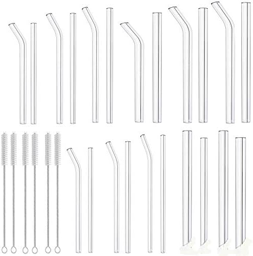 Eskyhouse Glass Straws Clear Bent|Straight Glass Reusable Straw For Smoothies, Tea, Juice, Water, Essential Oils - 28Pack With Cleaning Brushes