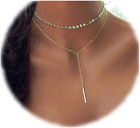 QXJX Bar Pendant Coin Chain Multi Layer Choker Necklace for Women (Gold)