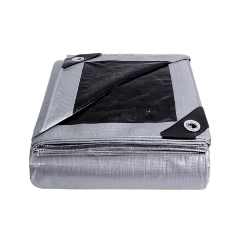 COVALL Waterproof Outdoor Tarpaulin, 4 x 6 m, 155 g/m², Reinforced HDPE with Anti-UV Eyelet, Windproof Rain Cover for Swimming Pool, Car, Garden, Camping, Silver, Black