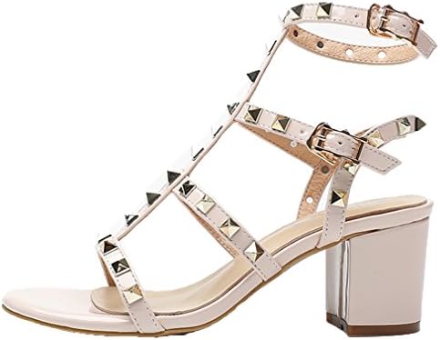 Royou Yiuoer Women Dress Sandals Patent Leather Gold Stud Peep Toe Chunky High Heel Gladiator Shoes Nude 7cm 7 US