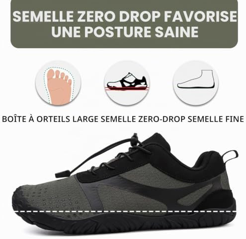 Chaussures de Trail Running Homme Femme Chaussures de Sport Outdoor & Indoor Gym Fitness Randonnée Escalade et Aquatiques Marche Barefoot Chaussures Minimalistes 42EU Noir/Gris