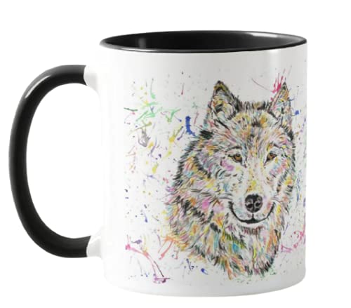 Vixar Wolf Watercolour Rainbow Art Coloured Mug Cup, Gift, Birthday, Work, Office, Christmas Tea Coffee (Black)