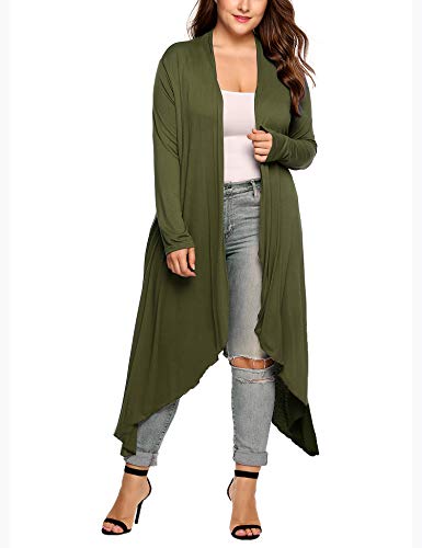 IN'VOLAND Women's Plus Size Cardigan Long Sleeve Open Front Drape Cardigans Lightweight Long Duster Olive - Thumbnail 6