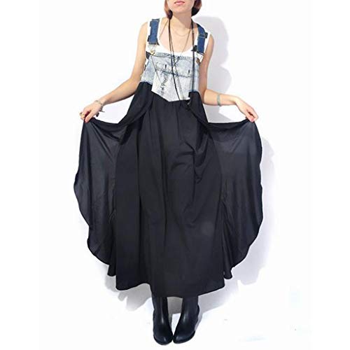 Mysky Women Summer Popular Casual Brief Jeans Splicing Ruffle Hem Pocket Plus Size Strap Dress Black
