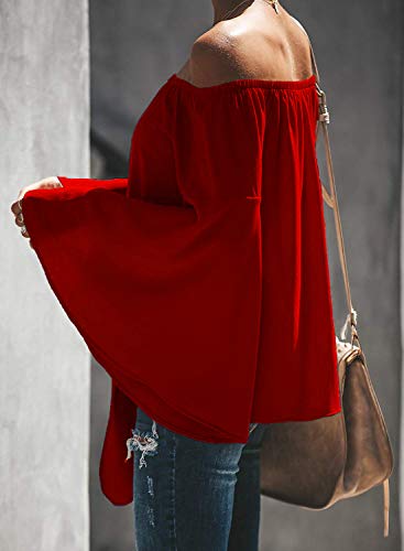 Women's Chiffon Off The Shoulder Shirt Blouse Front Knot Long Sleeve Tops Red L