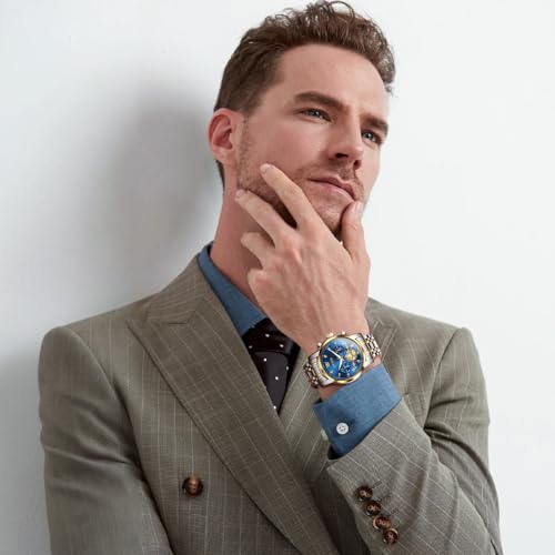 OLEVS Men Silver Watches,Men's Stainless Steel Chronograph Watch,Man Analog Quartz Big Face Male Watches Luxury Waterproof Roman Numeral Dress Diamond Relojes para Hombre