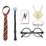 Light Wand with Novelty Glasses Striped Tie, Lightning Scar Tattoo and Time Turner Necklace, Cosplay Dress up Accessories for Kids Girls, 7 PCS