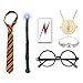 Light Wand with Novelty Glasses Striped Tie, Lightning Scar Tattoo and Time Turner Necklace, Cosplay Dress up Accessories for Kids Girls, 7 PCS