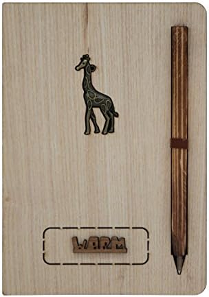 Wooden Notebook with Attached Pen - Natural Wood Series | Unique Wood-Covered Notebook & Pen Set with Bronze Crests | No Line, White/Brown Pages with Designs (Giraffe)
