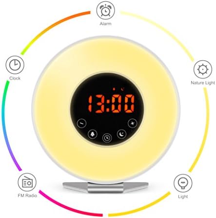 Wake Up Light Alarm Clock – 7 Color Light – Sunrise Simulator With Night Light – With Nature Sounds or FM Radio Alarm – USB Charger – Touch Control – For Heavy Sleepers &amp; Kids