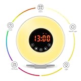 Wake Up Light Alarm Clock - 7 Color Light - Sunrise Simulator with Night Light - with Nature Sounds or FM Radio Alarm - USB Charger - Touch Control - for Heavy Sleepers & Kids