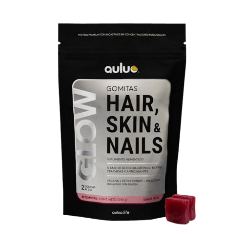 AULUO GLOW | HAIR SKIN & NAILS | Gomitas con Ácido Hialurónico, Biotina, Ceramidas y Antioxidantes para Piel, Cabello y Uñas | Veganas, Sin Azúcar, Endulzado con alulosa | 60 Gomitas de Pectina