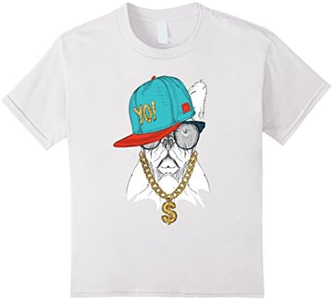 Kids Old School Hip Hop Pug Dog Shirt Dollar Sign Gold Chain Rap 10 White