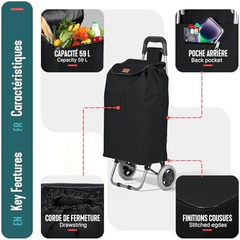 ® Carro de la Compra Plegable 2 Ruedas, Carrito Compra 2 en 1 de 59L con Bolsa Oxford Desmontable Bolsillo Trasero con Cremallera, Carro de Compras Chasis Ligero para Subir Escaleras Negro