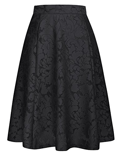 GRACE KARIN Women's Knee Length Pleated Flare Floral Vintage Skirts Size L Black