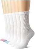 Hanes Women's Comfort Blend Crew Sock, White with Pink/Assorted Toes,Shoe size 5-9/Sock Size 9-11 (Pack of 6)