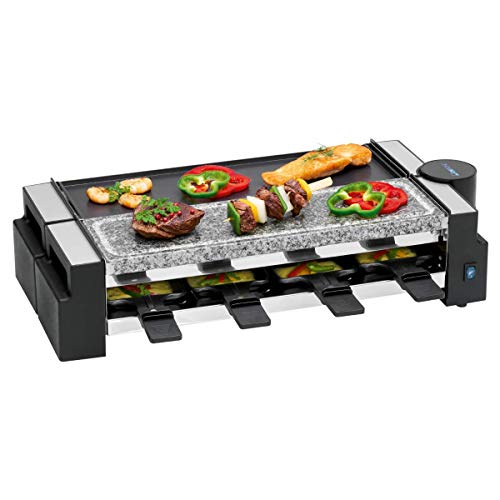 Clatronic Rg 3678 Appareil À Raclette 2 En 1, Pierre Naturelle Et Plaque En Fonte Réversible, Articulation À 180°, 8 Poêlons, Également Utilisable Comme Raclette Pour 4 Personnes, Revêtement