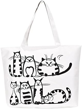 FEIDAj Shopping Pouch Bag Fashion Lovely Animal Canvas Handbag Cat Zipper Student Pouch Women Shoulder Bag - White