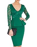 WOOSEA Women's V Neck Long Lace Sleeves Peplum Midi Cocktail Party Dress (Medium, Green)