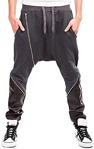 Kebinai handsome Men's Casual Zipper Pu Leather Spliced Jogging Harem Pants Dark GreyUS-L