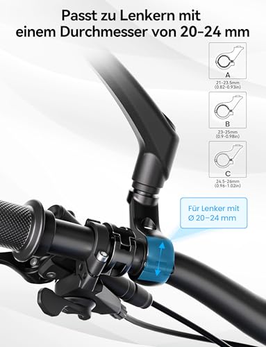 Bicycle Mirror for E-Bike Left, 360° Foldable & Rotatable Bicycle Rear View Mirror, Bicycle Mirror Left for Ebikes with Large Mirror Surface, Long Arm and Impact-resistant Real Glass, E Scooter