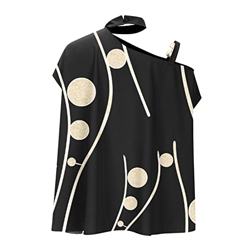 One Shoulder Shirts for Women Batwing Sleeve Metal Chain Straped Halter Off The Shoulder Tops Print Vintage Blouse Tee