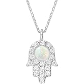 Hamsa Necklace with Created Opal & Cubic Zirconia, MUSTHAVE 18K Gold Plated Lucky Opal Hamsa Necklace, Evil Eye Protection Pendant, Spiritual Good Luck Jewelry for Women, Dainty Layering Chain 16+2”, Fatima's Hand (White Gold)