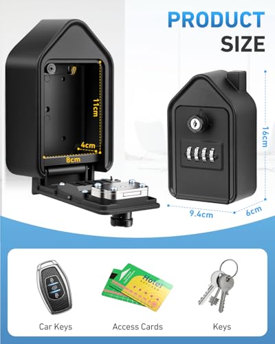JUYANO Key Box, Large Secured Outdoor Key Box with 4 Code & Emergency Keys Aluminium Alloy Wall Key Box for School Garage Airbnb (Black)