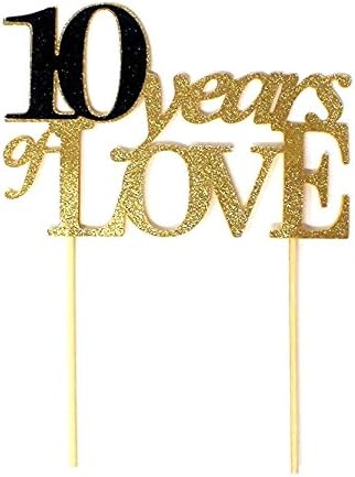 All About Details 10 Years of Love Cake Topper (Gold & Black), 1 PC, 10th year anniversary, Glitter Topper